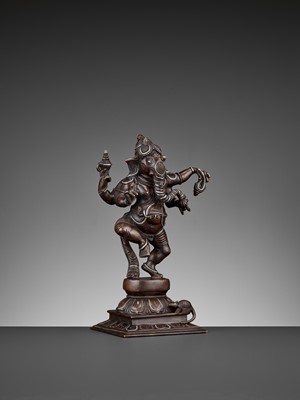 Lot 608 - A SILVER-INLAID BRONZE FIGURE OF GANESHA DANCING, 18TH-19TH CENTURY