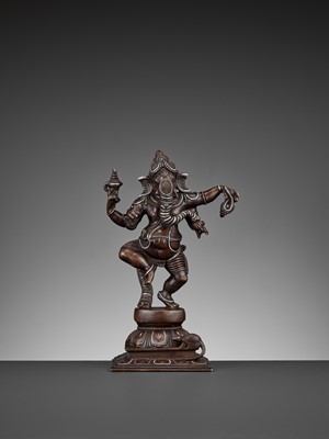 Lot 608 - A SILVER-INLAID BRONZE FIGURE OF GANESHA DANCING, 18TH-19TH CENTURY