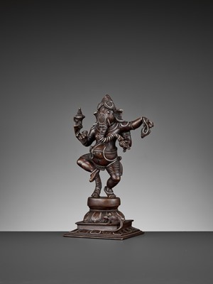Lot 608 - A SILVER-INLAID BRONZE FIGURE OF GANESHA DANCING, 18TH-19TH CENTURY