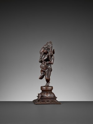 Lot 608 - A SILVER-INLAID BRONZE FIGURE OF GANESHA DANCING, 18TH-19TH CENTURY