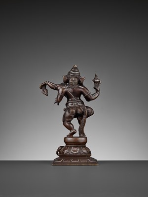 Lot 608 - A SILVER-INLAID BRONZE FIGURE OF GANESHA DANCING, 18TH-19TH CENTURY