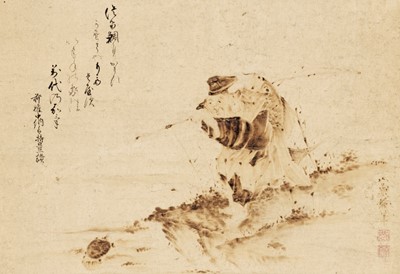 A SCROLL PAINTING OF EBISU FISHING FOR A MINOGAME