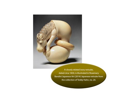 Lot 37 - A GOOD IVORY NETSUKE OF CHOKARO’S HORSE EMERGING FROM A DOUBLE GOURD