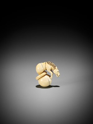Lot 37 - A GOOD IVORY NETSUKE OF CHOKARO’S HORSE EMERGING FROM A DOUBLE GOURD