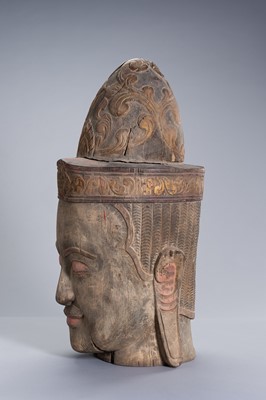 Lot 1320 - A LARGE WOOD HEAD OF BUDDHA