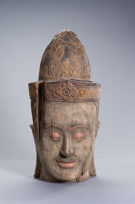 Lot 1320 - A LARGE WOOD HEAD OF BUDDHA