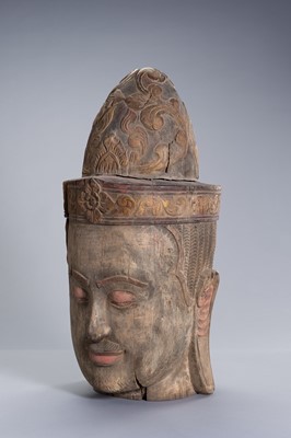 Lot 1320 - A LARGE WOOD HEAD OF BUDDHA