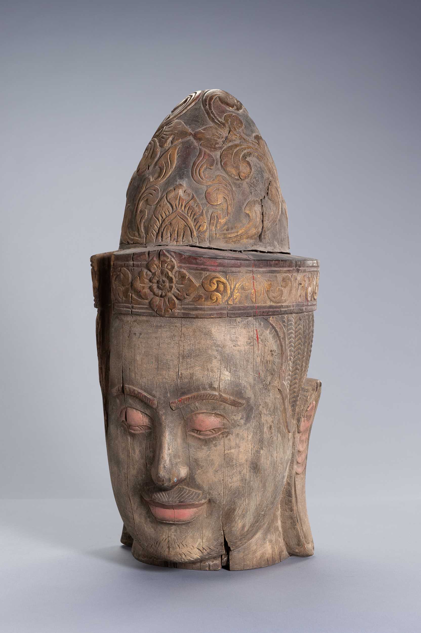 Lot 1320 - A LARGE WOOD HEAD OF BUDDHA