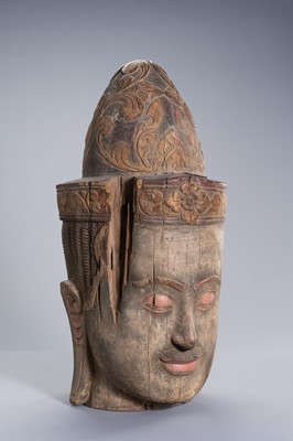 Lot 1320 - A LARGE WOOD HEAD OF BUDDHA