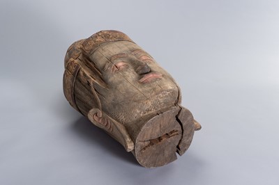 Lot 1320 - A LARGE WOOD HEAD OF BUDDHA