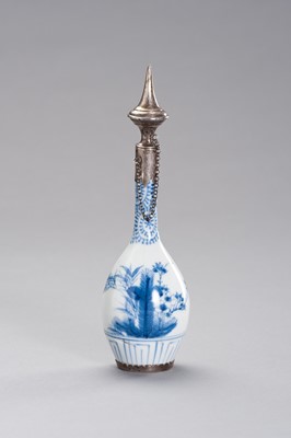 Lot 618 - A PORCELAIN FLASK WITH SILVER MOUNTING FOR ISLAMIC MARKET