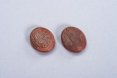 Lot 677 - TWO GLASS PRAYERS BEADS WITH ISLAMIC INSCRIPTIONS