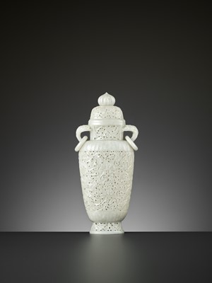 Lot 105 - A WHITE JADE RETICULATED PARFUMIÈRE AND COVER, QING DYNASTY