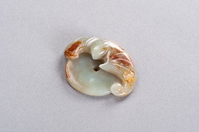 Lot 177 - A CELADON AND RUSSET JADE ‘BAT AND COIN’ PENDANT, LATE QING