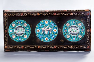 Lot 146 - A CHINESE LACQUERED COFFEE TABLE WITH CLOISONNÉ PLAQUES