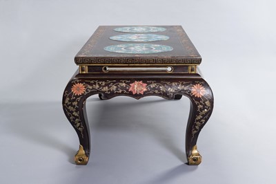 Lot 146 - A CHINESE LACQUERED COFFEE TABLE WITH CLOISONNÉ PLAQUES