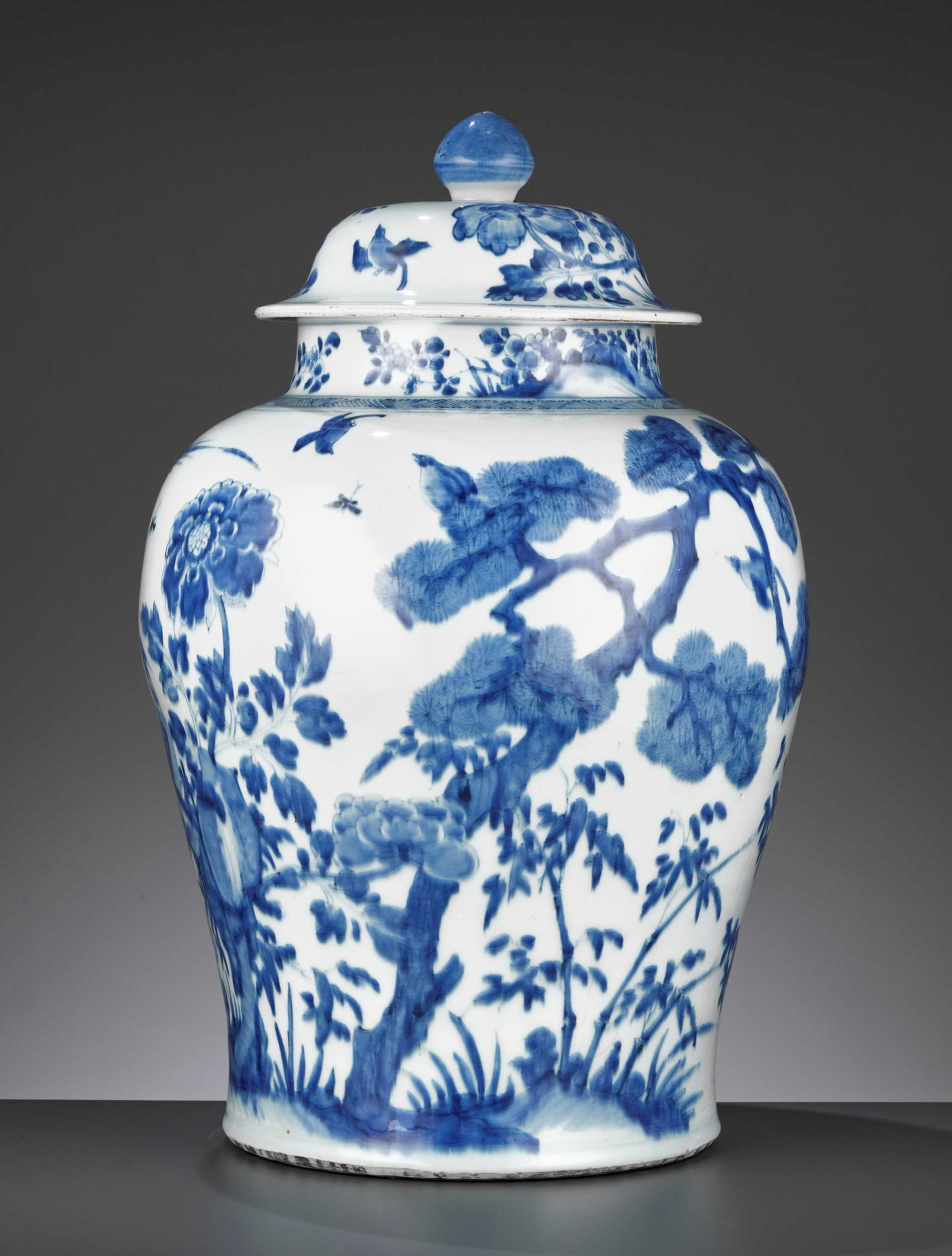 Lot 213 - A LARGE BLUE AND WHITE ‘THREE FRIENDS OF WINTER’ BALUSTER JAR AND COVER, KANGXI PERIOD
