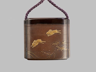 Lot 326 - A RARE GILT-INLAID LACQUER FOUR-CASE INRO WITH LUNAR HARES, MOON, AND BENTEN