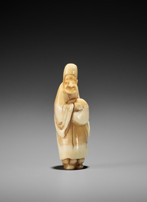 Lot 281 - A RARE BOAR’S TOOTH NETSUKE OF A DRUNK COURT SERVANT WITH SAKE JAR
