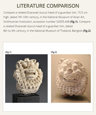 Lot 266 - A STUCCO HEAD OF A GUARDIAN LION, MON-DVARAVATI PERIOD