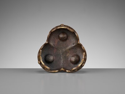 Lot 355 - A GOLD-SPLASHED BRONZE TRIPOD CENSER STAND, 17TH-18TH CENTURY