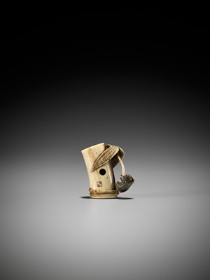 Lot 122 - MASAYUKI: A SUPERB STAG ANTLER NETSUKE OF A MONKEY CLAMBERING ON A LEAFY BAMBOO NODE