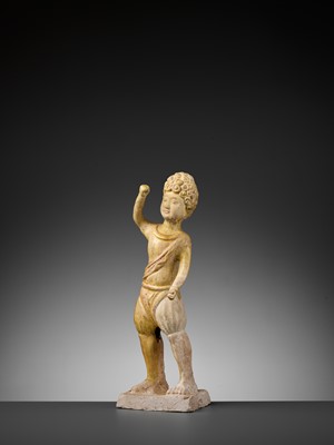 Lot 146 - A FOREIGN DANCER, EARLY TANG DYNASTY, STRAW-GLAZED POTTERY FIGURE