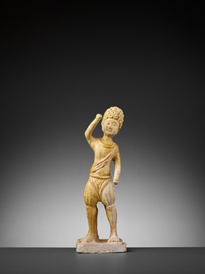 Lot 146 - A FOREIGN DANCER, EARLY TANG DYNASTY, STRAW-GLAZED POTTERY FIGURE