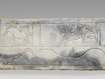 Lot 12 - TWO ‘MYTHICAL BEAST’ MARBLE PANELS, FRAGMENTS OF A FUNERARY STRUCTURE, TANG TO JIN DYNASTY