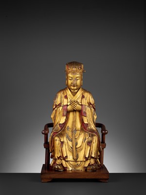 Lot 399 - A LARGE GILT-LACQUERED WOOD FIGURE OF WENCHANG WANG, MING DYNASTY