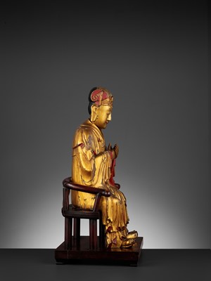 Lot 399 - A LARGE GILT-LACQUERED WOOD FIGURE OF WENCHANG WANG, MING DYNASTY