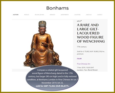 Lot 399 - A LARGE GILT-LACQUERED WOOD FIGURE OF WENCHANG WANG, MING DYNASTY