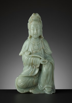 Lot 108 - A LARGE AND MASSIVE DEEP CELADON JADE FIGURE OF GUANYIN, QING DYNASTY OR SIGHTLY EARLIER