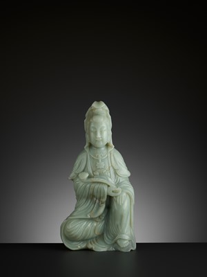 Lot 108 - A LARGE AND MASSIVE DEEP CELADON JADE FIGURE OF GUANYIN, QING DYNASTY OR SIGHTLY EARLIER