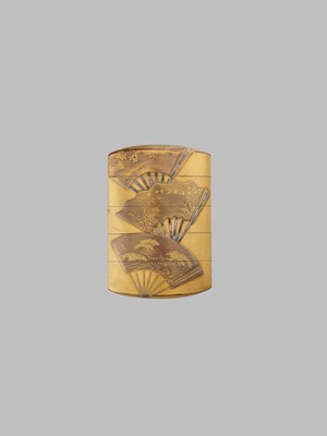 Lot 616 - A GOLD LACQUER FOUR-CASE INRO DEPICTING FANS