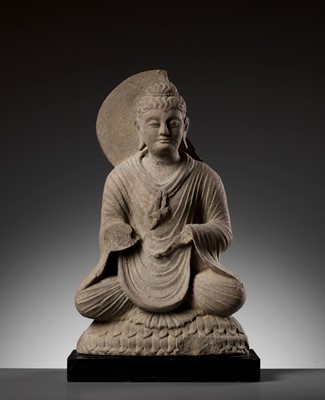 Lot 546 - A GRAY SCHIST FIGURE OF BUDDHA AS A TEACHER, GANDHARA