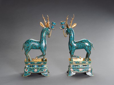 Lot 77 - A PAIR OF CLOISONNÉ DEER CANDLE HOLDERS