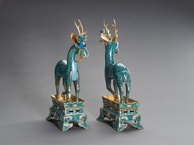 Lot 77 - A PAIR OF CLOISONNÉ DEER CANDLE HOLDERS