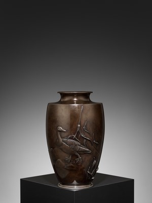 Lot 338 - TOSHITSUGU: A FINE AND LARGE BRONZE VASE WITH GOOSE AND WATER REEDS