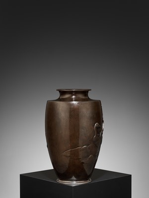 Lot 338 - TOSHITSUGU: A FINE AND LARGE BRONZE VASE WITH GOOSE AND WATER REEDS