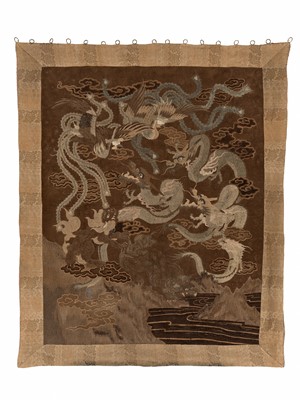 Lot 307 - A VERY LARGE AND FINE EMBROIDERED WALL HANGING WITH MYTHICAL BEASTS