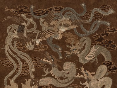 Lot 307 - A VERY LARGE AND FINE EMBROIDERED WALL HANGING WITH MYTHICAL BEASTS