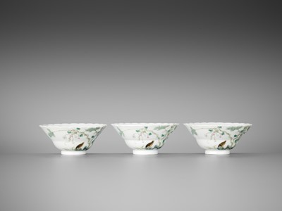 Lot 284 - A SET OF THREE FAMILLE ROSE ‘QUAIL’ OGEE BOWLS, GUANGXU MARK AND PERIOD
