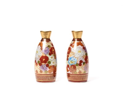 Lot 187 - TWO SMALL VASES, SIGNED SHUSAN, AND FOUR SAKE CUPS WITH FLORAL DECORATIONS