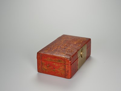 Lot 143 - A BRASS FITTED PIG SKIN LACQUER BOX WITH VILLAGE SCENES, QING DYNASTY