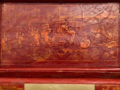 Lot 143 - A BRASS FITTED PIG SKIN LACQUER BOX WITH VILLAGE SCENES, QING DYNASTY