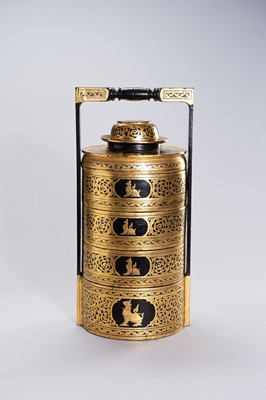 Lot 1404 - A LARGE DRY LACQUER TIFFIN CARRIER