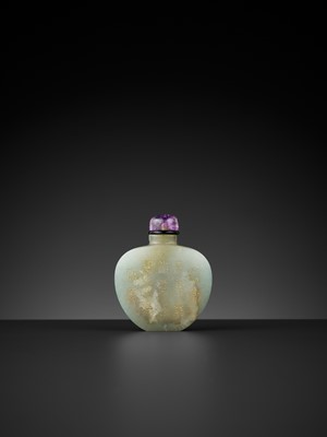 Lot 301 - AN IMPERIALLY INSCRIBED CELADON JADE SNUFF BOTTLE, MID-QING