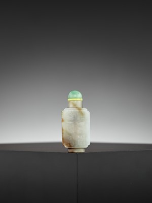 Lot 299 - AN INSCRIBED PALE CELADON AND BROWN JADE SNUFF BOTTLE, MID-QING