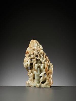 Lot 441 - A LARGE ‘SHOULAO GROTTO’, DEEP CELADON AND RUSSET JADE, 18TH CENTURY